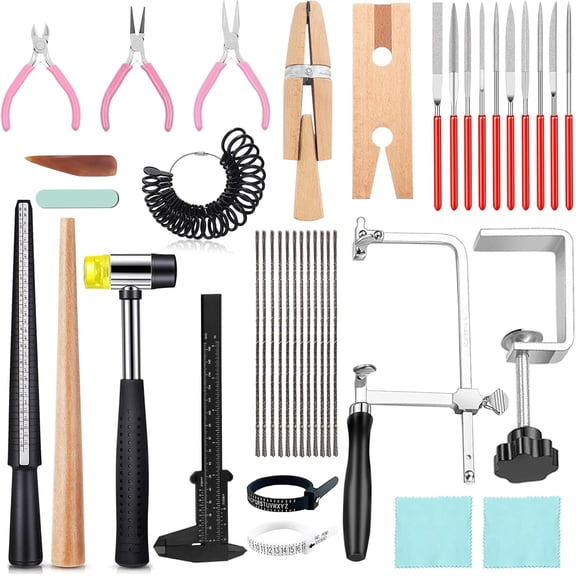 Jewelers Tools Set 27Pcs Ring Making Kit Includes Jewelers Saw with 144 Saw Blades, Bench Pin Clamp, Wooden Ring Clamp, Rings Sizer Measuring Tool, Rubber Hammer, Diamond Needle Files, Jewelry Pliers