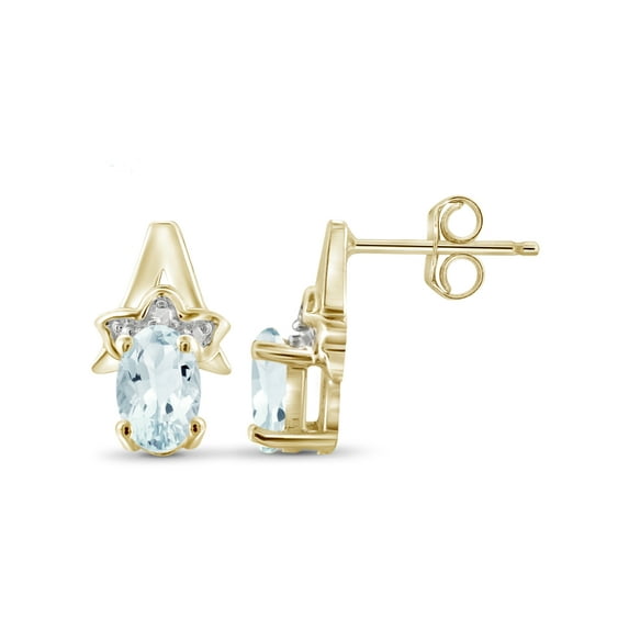 JewelersClub 0.90 CTW Aquamarine Stud Earrings – 14K Gold Plated Silver (.925)| Hypoallergenic Studs for Women - Oval Cut Set with Push Backs