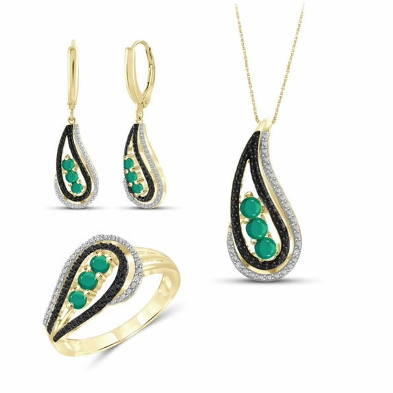 JewelersClub 1.00 Carat T.G.W. Emerald And Black & White Diamond Accent 14k Gold Over Silver 3-Piece Jewelry Set