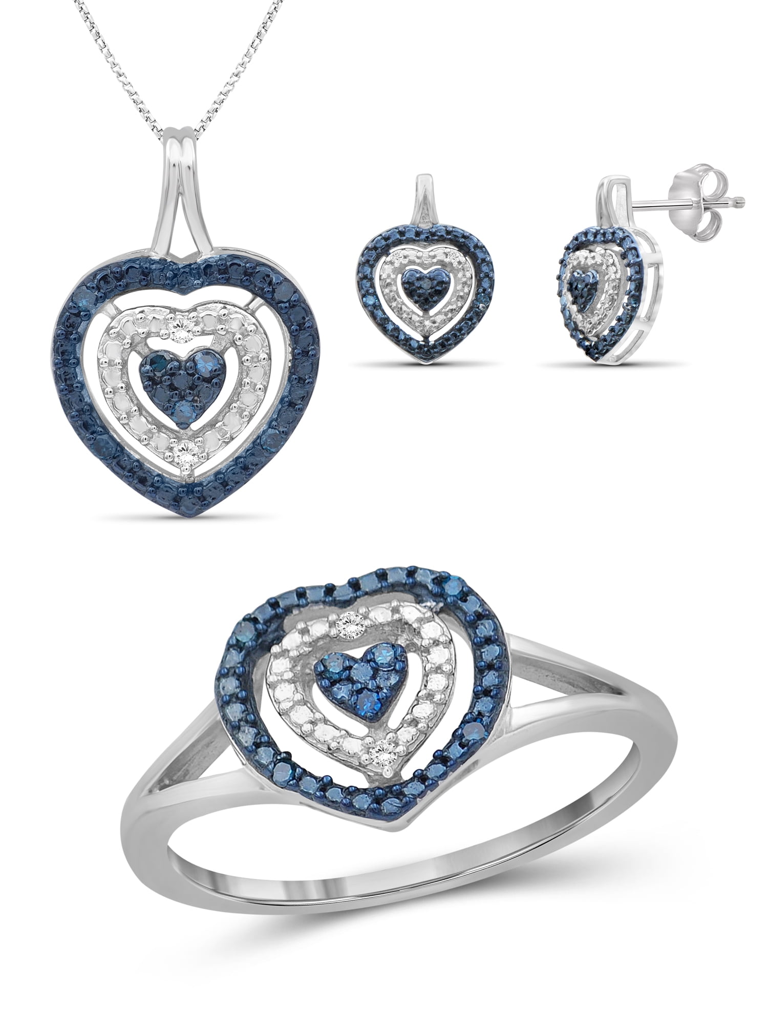 JewelersClub 1/10 Carat T.W. Blue And White Diamond Sterling Silver 3-Piece Heart Jewelry Set