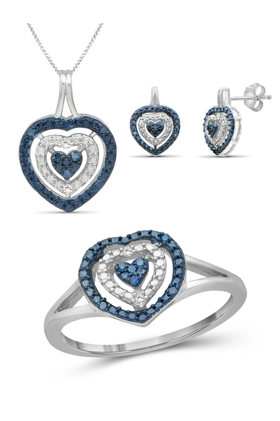 1/10 Carat T.W. Blue And White Diamond Sterling Silver 3-Piece Heart Jewelry Set