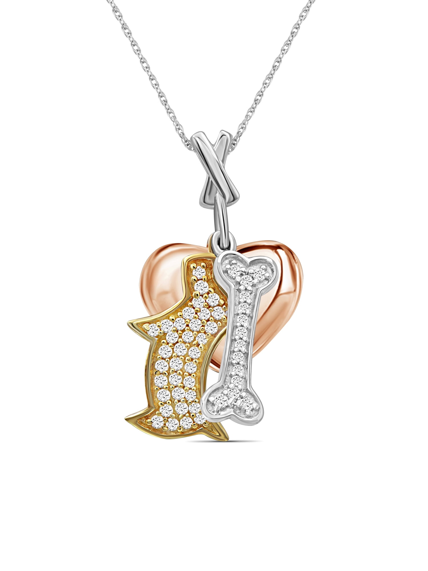 JewelersClub 1/3 Carat T.W. White Diamond Three Tone Sterling Silver Dog, Bone & Heart Pendant
