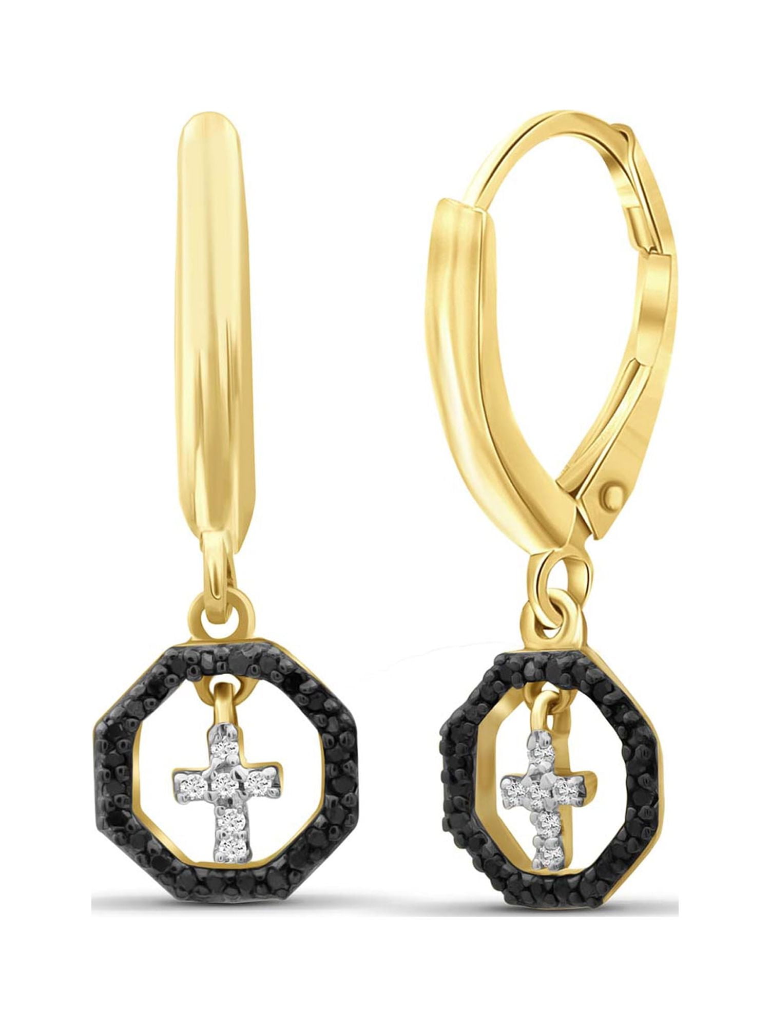JewelersClub 1/7 Carat T.W. Black And White Diamond 14K Gold Over Silver Cross Octagon Huggie Earrings