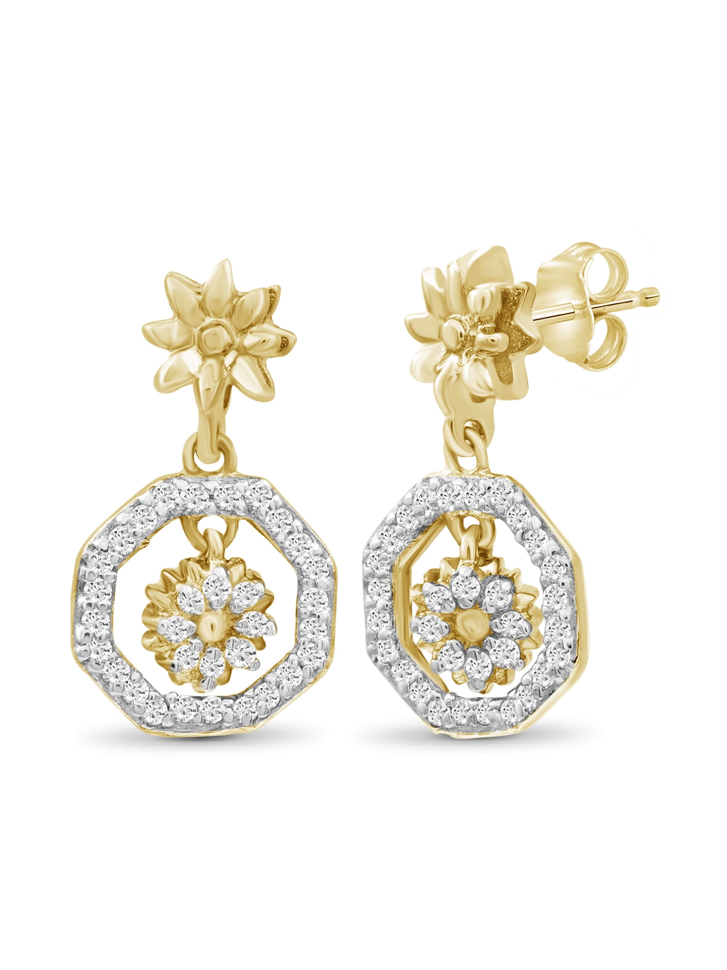 JewelersClub 1/7 Carat T.W. White Diamond 14K Gold Over Silver Flower Octagon Huggie Earrings