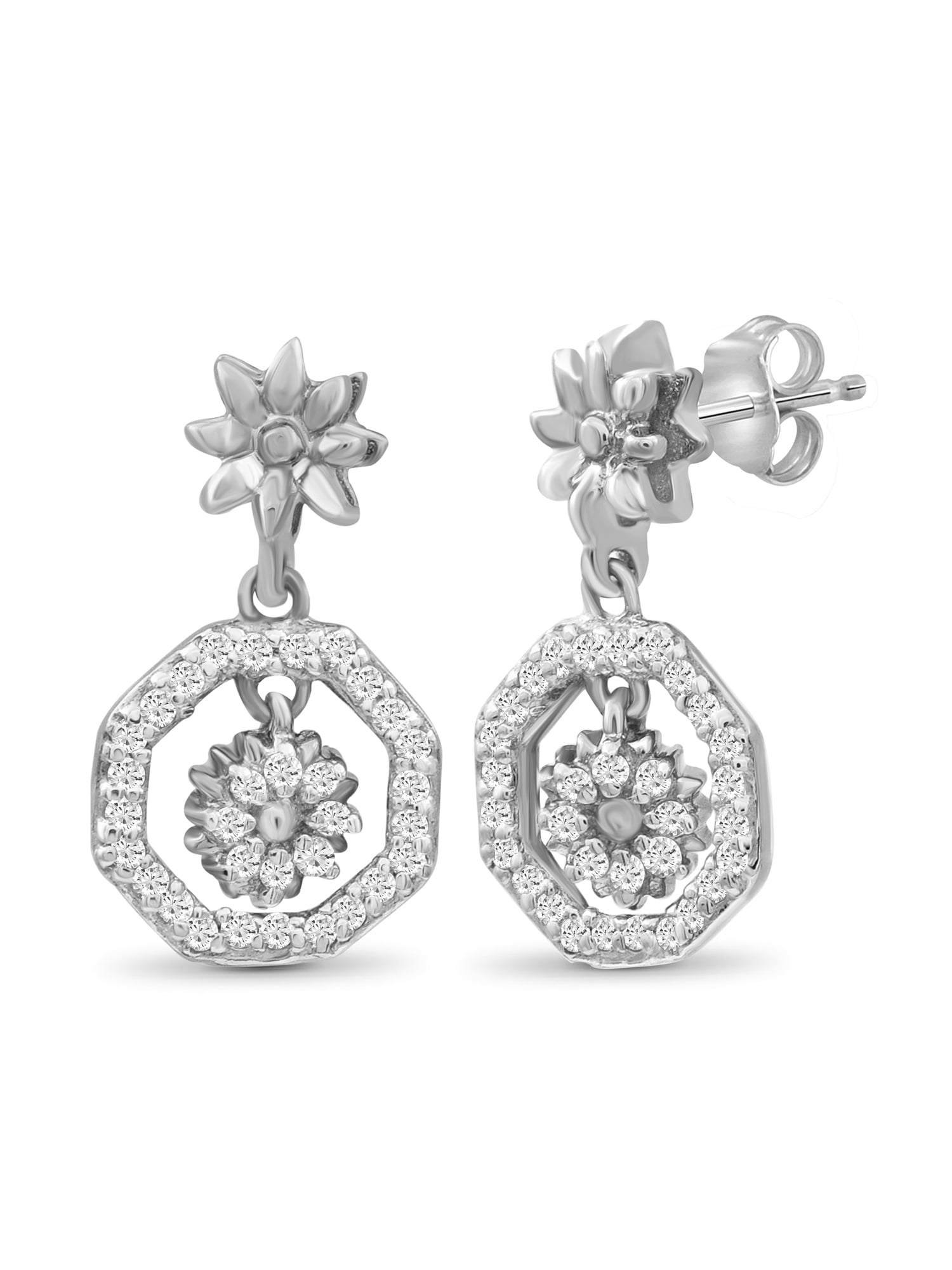 JewelersClub 1/7 Carat T.W. White Diamond Sterling Silver Flower Octagon Huggie Earrings