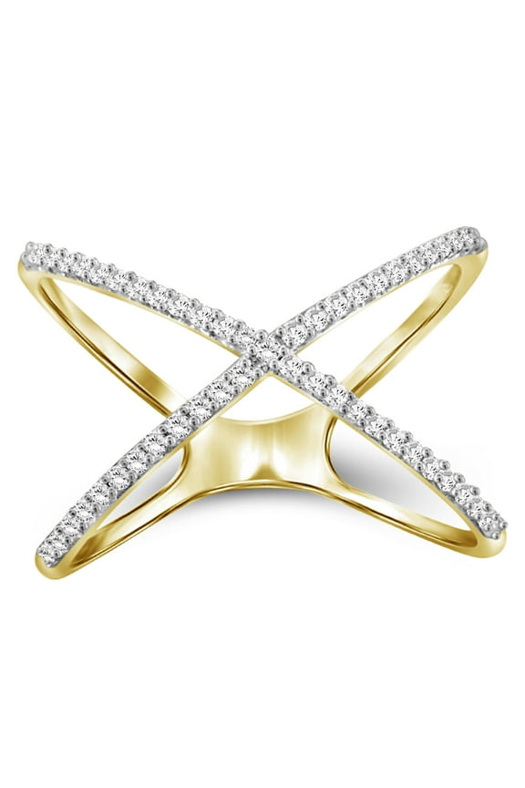 1/7 Carat White Diamond Ring with 14K Gold over Silver X Ring | Real Diamond Ring with Hypoallergenic Gold Plating Ring Band