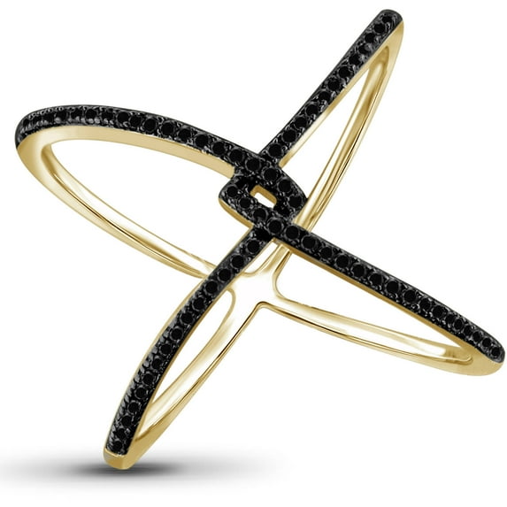 JewelersClub 14K Gold Plated Silver Criss Cross Ring – 0.15 Carat Black Diamond Ring with 14K Gold Plated Silver X Ring – Real Diamond Criscross Ring with Hypoallergenic 14K Gold Plated Silver Ring