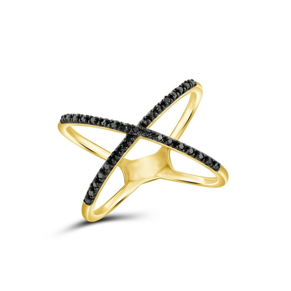 JewelersClub 14K Gold Plated Silver Criss Cross Ring – Accent Black Diamond Ring with 14K Gold Plated Silver X Ring – Real Diamond Criscross Ring with Hypoallergenic 14K Gold Plated Silver Ring Band