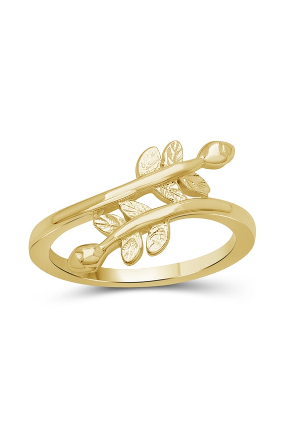 14K Gold over Silver Leaf Friendship Ring for Women | Dainty 14k Gold over Silver Promise Ring For Women | Stackable Silver Open Band Olive Branch Ring For Women