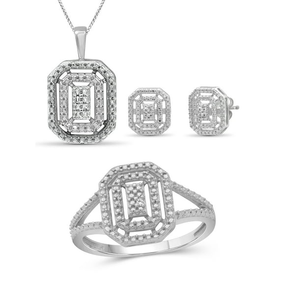 JewelersClub 3-Piece White Diamond Sterling Silver Earrings Set, Sterling Silver Necklace, Sterling Silver Rings – Octagon Shaped Jewelry – Jewelry Sets for Women – Birthday Gifts by