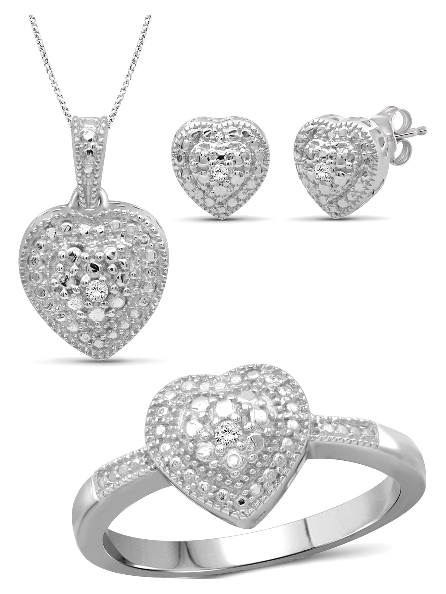 JewelersClub 3-Piece White Diamond Sterling Silver Earrings Set, Sterling Silver Necklace, Sterling Silver Rings – Heart Shaped Jewelry – Jewelry Sets for Women – Birthday Gifts