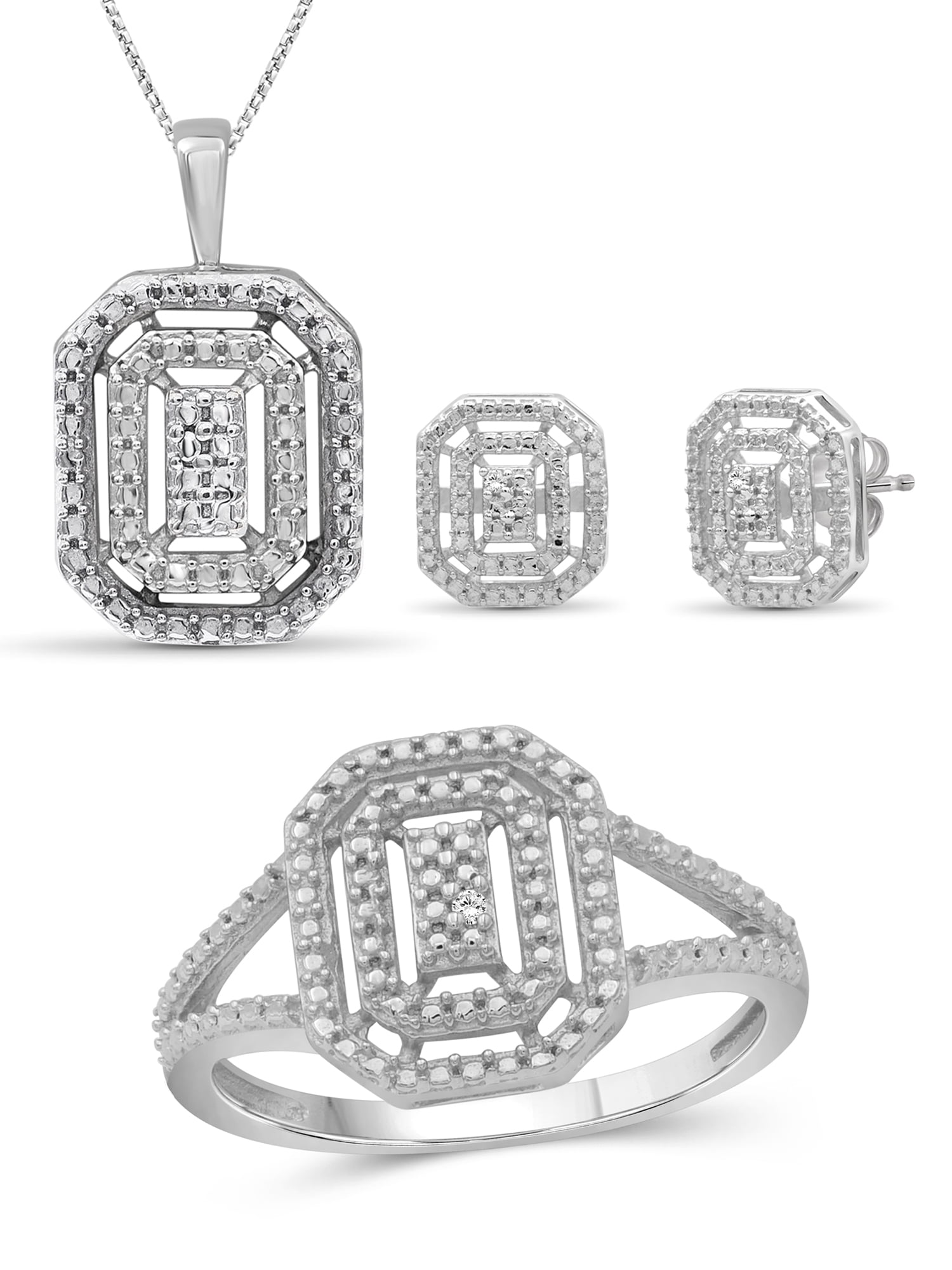 JewelersClub 3-Piece White Diamond Sterling Silver Earrings Set, Sterling Silver Necklace, Sterling Silver Rings – Octagon Shaped Jewelry – Jewelry Sets for Women – Birthday Gifts by