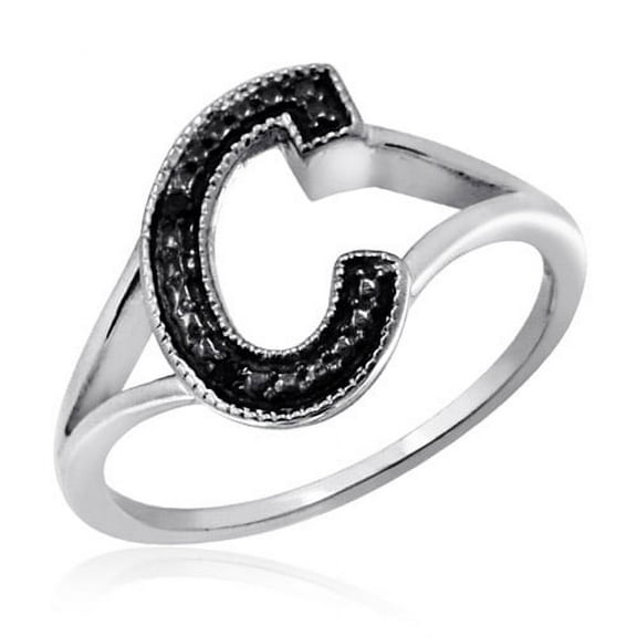 JewelersClub Accent Black Diamond Initial Letter Ring for Women | Customizable Sterling Silver C Alphabet Monogram Ring for Girls | Cursive Script Capital Letters | Personalized Jewelry Gift for Her