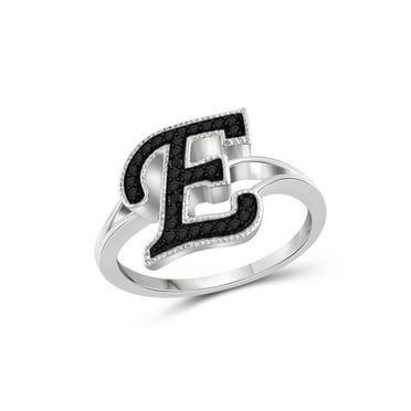 JewelersClub Accent Black Diamond Initial Letter Ring for Women | Customizable Sterling Silver E Alphabet Monogram Ring for Girls | Cursive Script Capital Letters | Personalized Jewelry Gift for Her