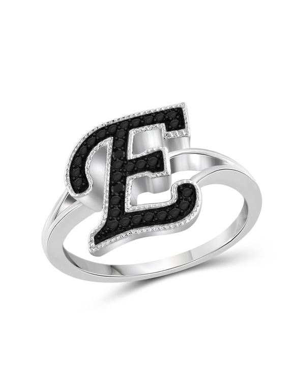 Accent Black Diamond Initial Letter Ring for Women | Customizable Sterling Silver E Alphabet Monogram Ring for Girls | Cursive Script Capital Letters | Personalized Jewelry Gift for Her