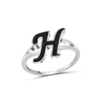 JewelersClub Accent Black Diamond Initial Letter Ring for Women | Customizable Sterling Silver H Alphabet Monogram Ring for Girls | Cursive Script Capital Letters | Personalized Jewelry Gift for Her