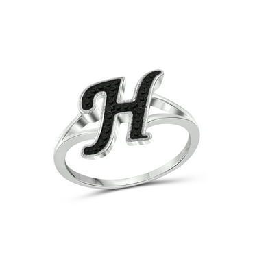 JewelersClub Accent Black Diamond Initial Letter Ring for Women | Customizable Sterling Silver H Alphabet Monogram Ring for Girls | Cursive Script Capital Letters | Personalized Jewelry Gift for Her