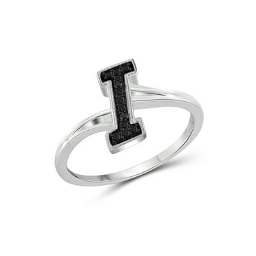 JewelersClub Accent Black Diamond Initial Letter Ring for Women | Customizable Sterling Silver I Alphabet Monogram Ring for Girls | Cursive Script Capital Letters | Personalized Jewelry Gift for Her