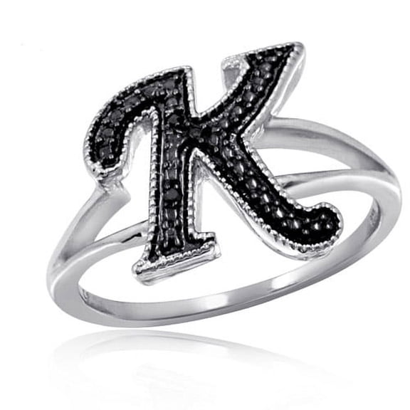 JewelersClub Accent Black Diamond Initial Letter Ring for Women | Customizable Sterling Silver K Alphabet Monogram Ring for Girls | Cursive Script Capital Letters | Personalized Jewelry Gift for Her