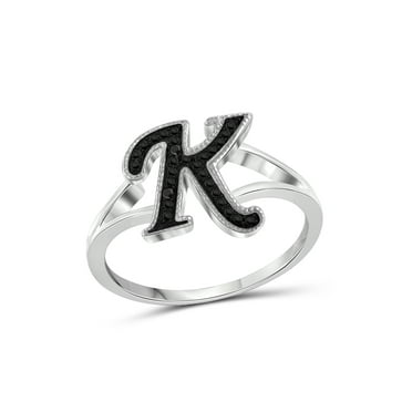 JewelersClub Accent Black Diamond Initial Letter Ring for Women | Customizable Sterling Silver K Alphabet Monogram Ring for Girls | Cursive Script Capital Letters | Personalized Jewelry Gift for Her