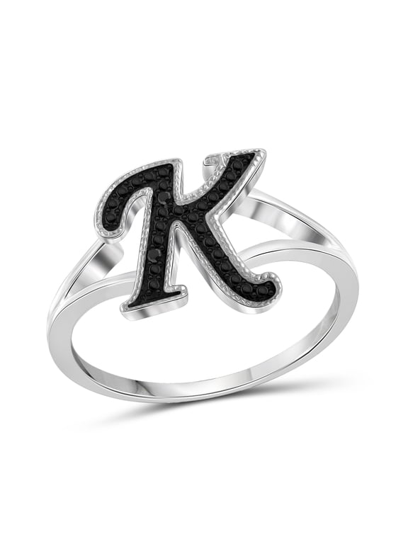 Accent Black Diamond Initial Letter Ring for Women | Customizable Sterling Silver K Alphabet Monogram Ring for Girls | Cursive Script Capital Letters | Personalized Jewelry Gift for Her