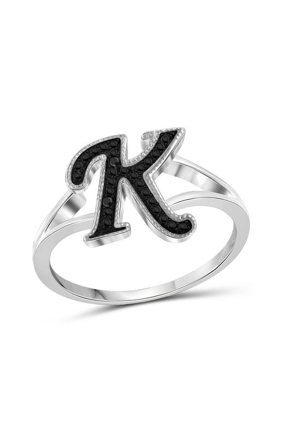 Accent Black Diamond Initial Letter Ring for Women | Customizable Sterling Silver K Alphabet Monogram Ring for Girls | Cursive Script Capital Letters | Personalized Jewelry Gift for Her
