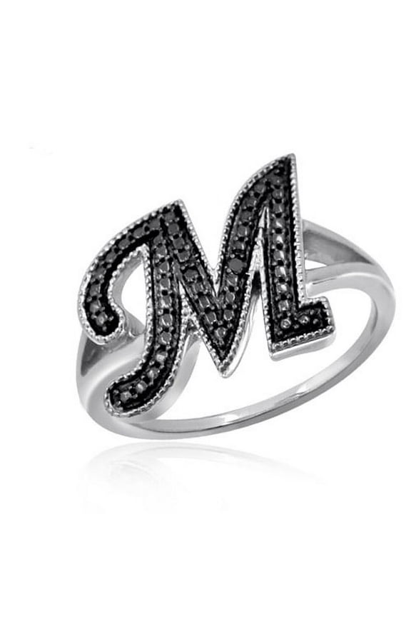 Accent Black Diamond Initial Letter Ring for Women | Customizable Sterling Silver M Alphabet Monogram Ring for Girls | Cursive Script Capital Letters | Personalized Jewelry Gift for Her