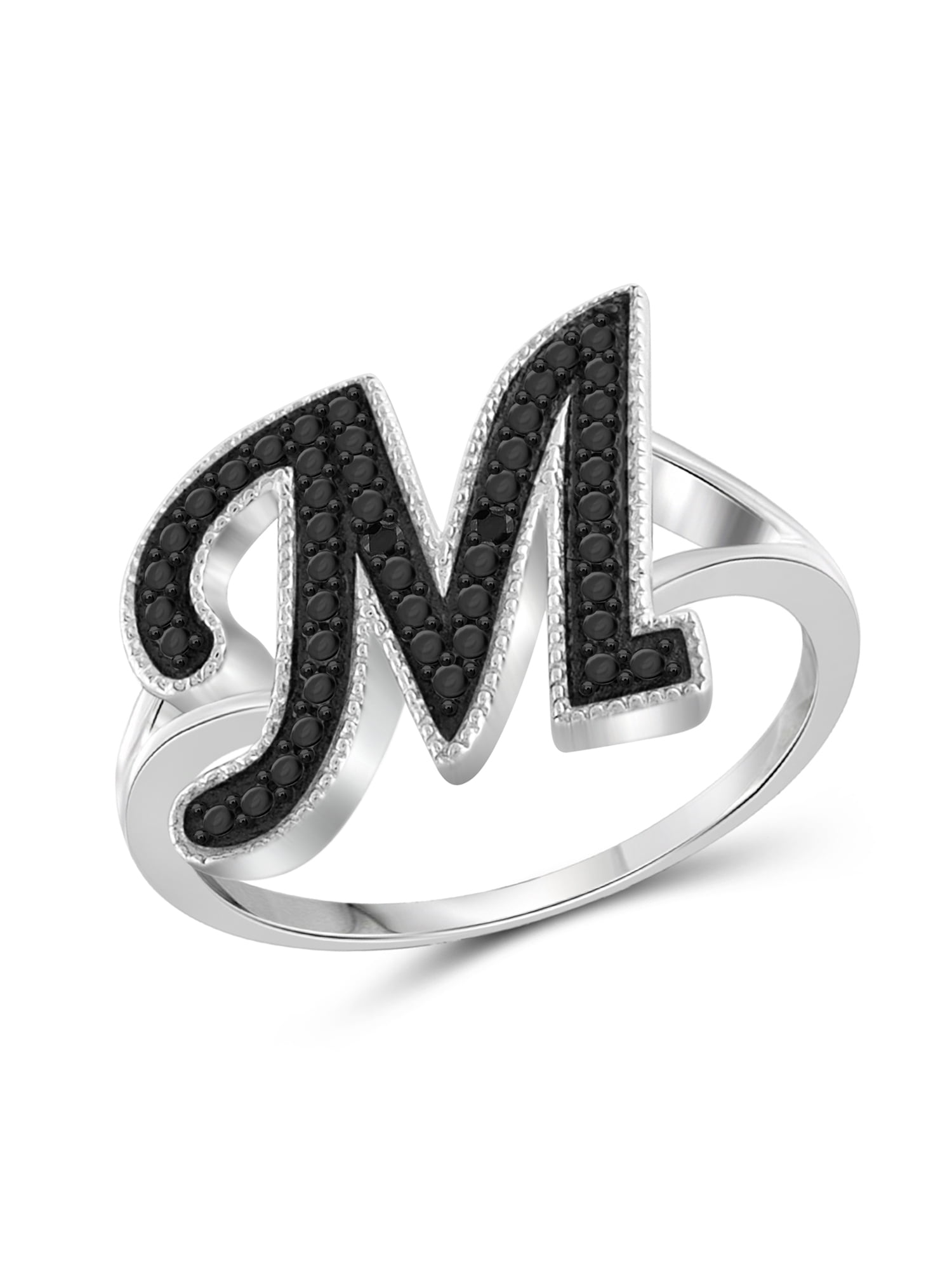 JewelersClub Accent Black Diamond Initial Letter Ring for Women | Customizable Sterling Silver M Alphabet Monogram Ring for Girls | Cursive Script Capital Letters | Personalized Jewelry Gift for Her