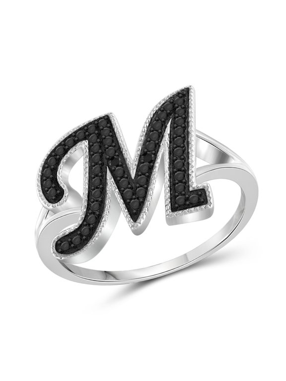 Accent Black Diamond Initial Letter Ring for Women | Customizable Sterling Silver M Alphabet Monogram Ring for Girls | Cursive Script Capital Letters | Personalized Jewelry Gift for Her