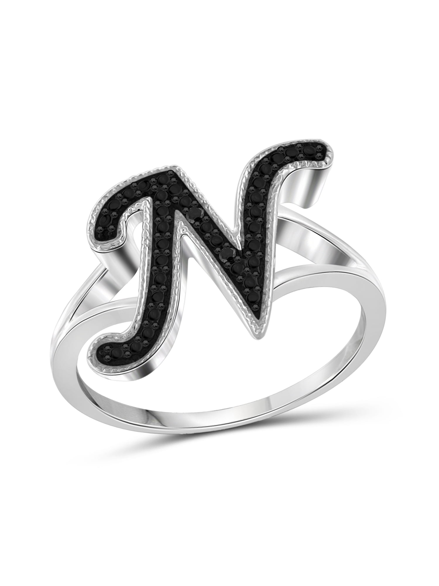 JewelersClub Accent Black Diamond Initial Letter Ring for Women | Customizable Sterling Silver N Alphabet Monogram Ring for Girls | Cursive Script Capital Letters | Personalized Jewelry Gift for Her