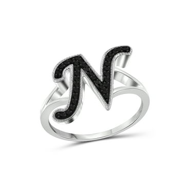 JewelersClub Accent Black Diamond Initial Letter Ring for Women | Customizable Sterling Silver N Alphabet Monogram Ring for Girls | Cursive Script Capital Letters | Personalized Jewelry Gift for Her