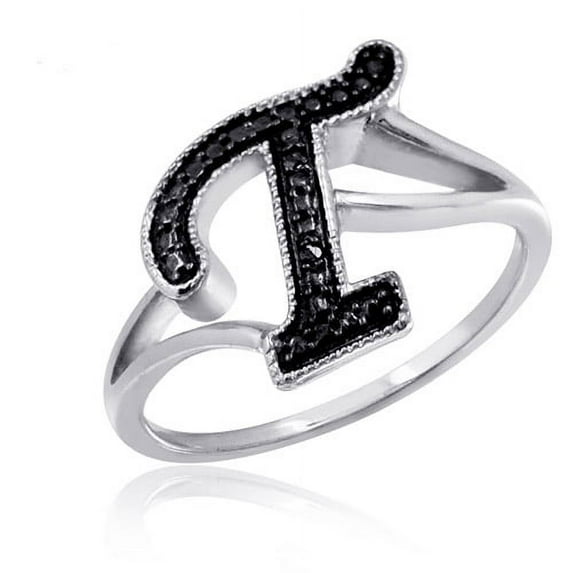 JewelersClub Accent Black Diamond Initial Letter Ring for Women | Customizable Sterling Silver T Alphabet Monogram Ring for Girls | Cursive Script Capital Letters | Personalized Jewelry Gift for Her