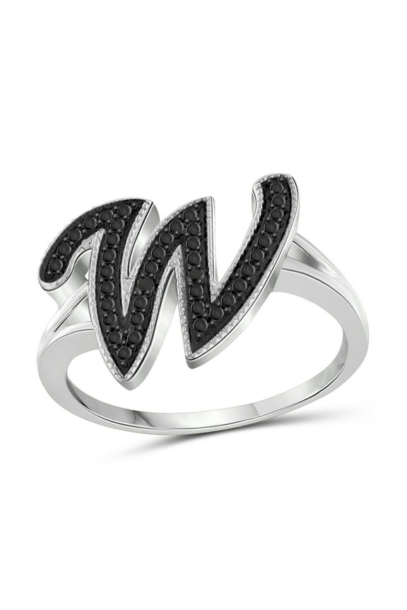 Accent Black Diamond Initial Letter Ring for Women | Customizable Sterling Silver W Alphabet Monogram Ring for Girls | Cursive Script Capital Letters | Personalized Jewelry Gift for Her