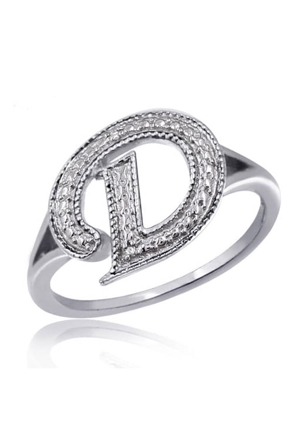 Accent White Diamond Initial Letter Ring for Women | Customizable Sterling Silver D Alphabet Monogram Ring for Girls | Cursive Script Capital Letters | Personalized Jewelry Gift for Her