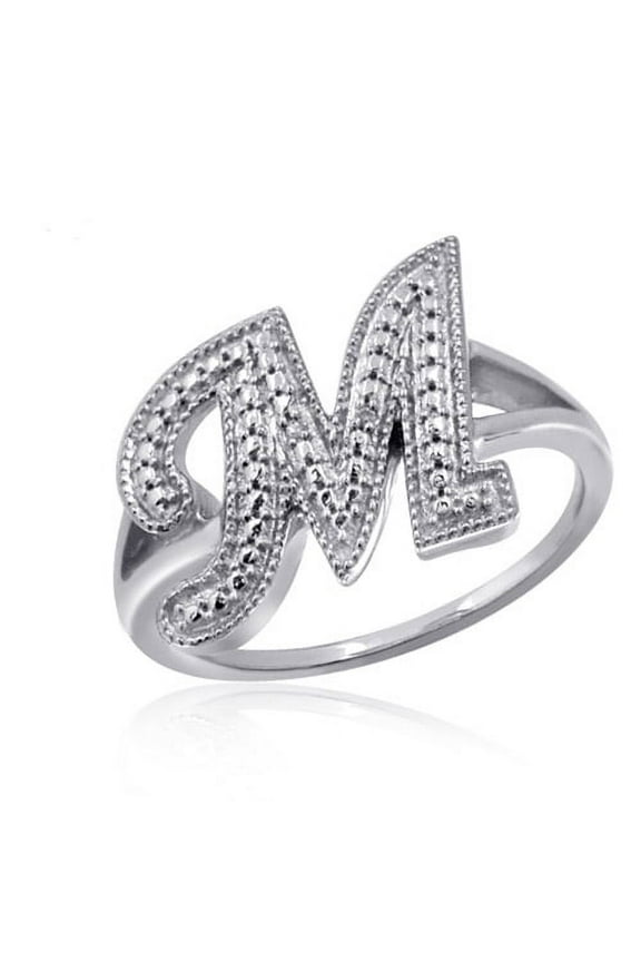 Accent White Diamond Initial Letter Ring for Women | Customizable Sterling Silver M Alphabet Monogram Ring for Girls | Cursive Script Capital Letters | Personalized Jewelry Gift for Her