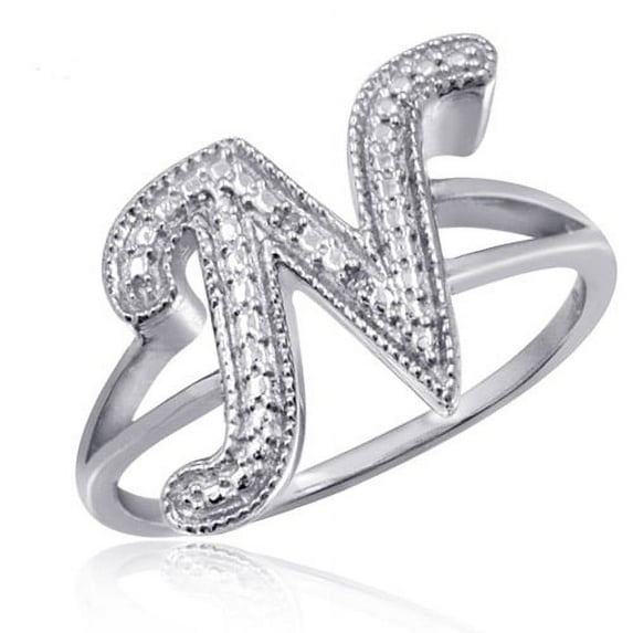 JewelersClub Accent White Diamond Initial Letter Ring for Women | Customizable Sterling Silver N Alphabet Monogram Ring for Girls | Cursive Script Capital Letters | Personalized Jewelry Gift for Her