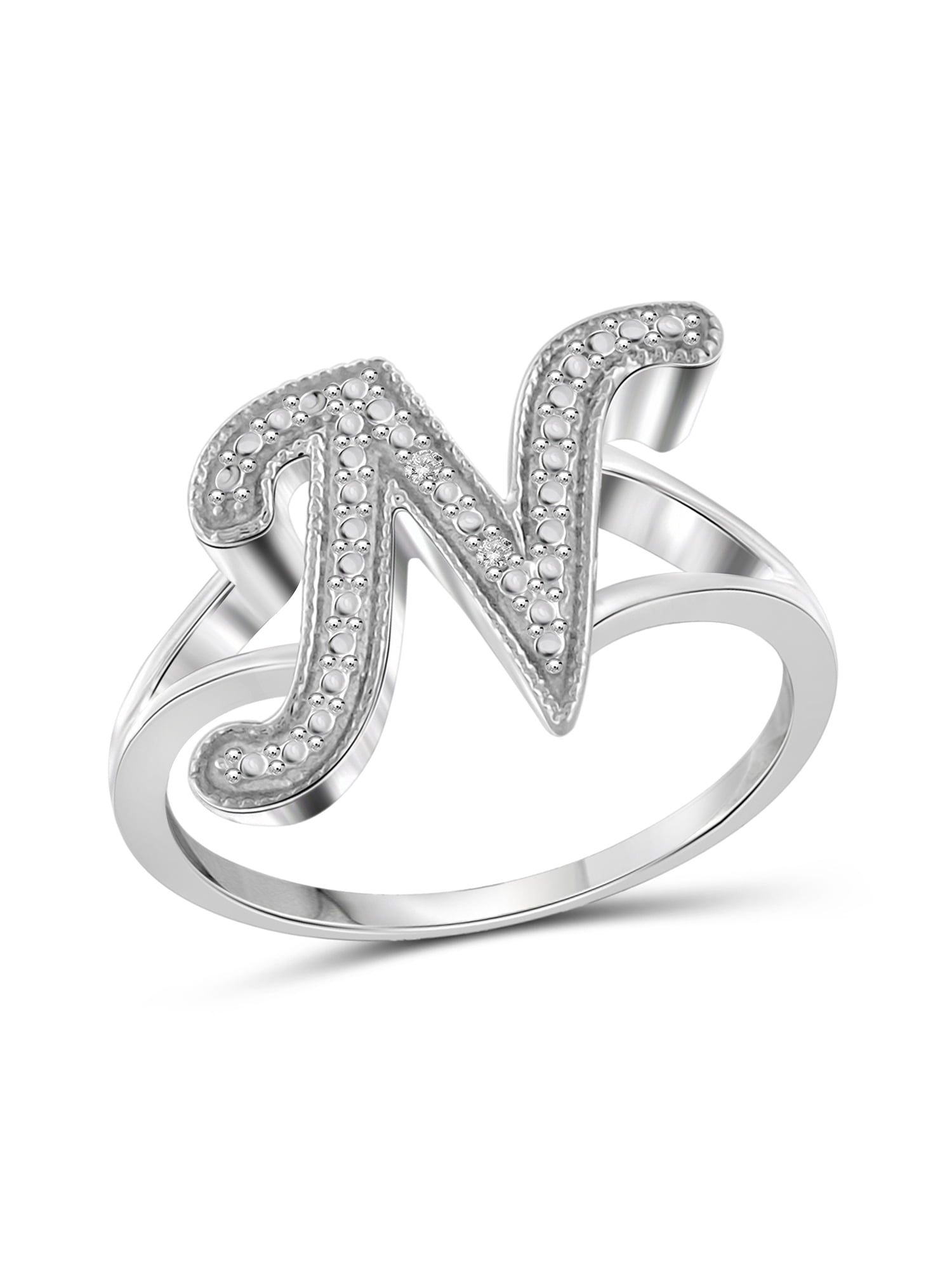 JewelersClub Accent White Diamond Initial Letter Ring for Women | Customizable Sterling Silver N Alphabet Monogram Ring for Girls | Cursive Script Capital Letters | Personalized Jewelry Gift for Her