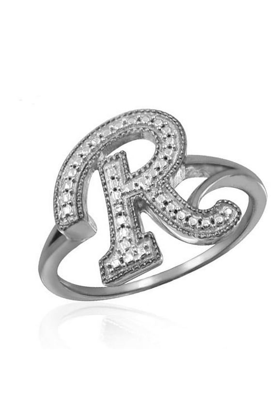 Accent White Diamond Initial Letter Ring for Women | Customizable Sterling Silver R Alphabet Monogram Ring for Girls | Cursive Script Capital Letters | Personalized Jewelry Gift for Her