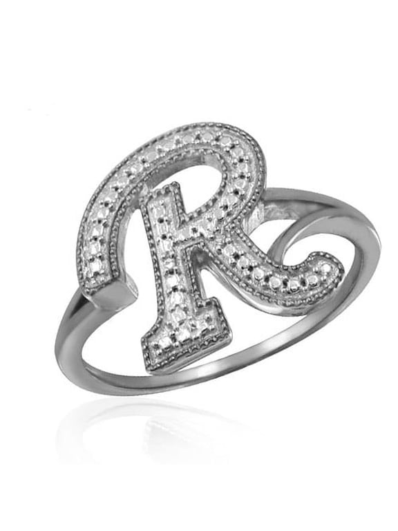 Accent White Diamond Initial Letter Ring for Women | Customizable Sterling Silver R Alphabet Monogram Ring for Girls | Cursive Script Capital Letters | Personalized Jewelry Gift for Her