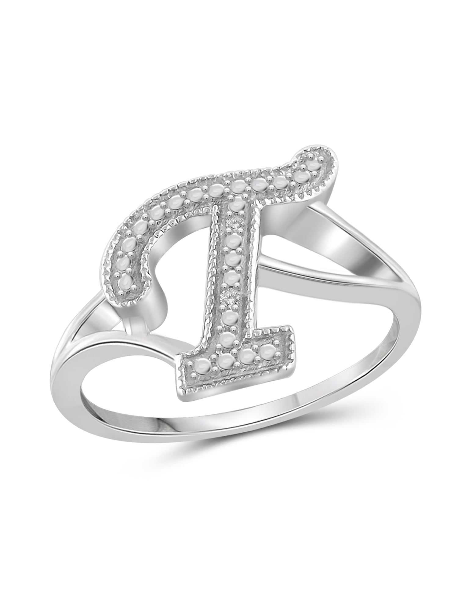 JewelersClub Accent White Diamond Initial Letter Ring for Women | Customizable Sterling Silver T Alphabet Monogram Ring for Girls | Cursive Script Capital Letters | Personalized Jewelry Gift for Her