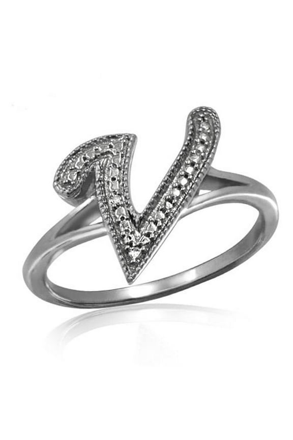 Accent White Diamond Initial Letter Ring for Women | Customizable Sterling Silver V Alphabet Monogram Ring for Girls | Cursive Script Capital Letters | Personalized Jewelry Gift for Her