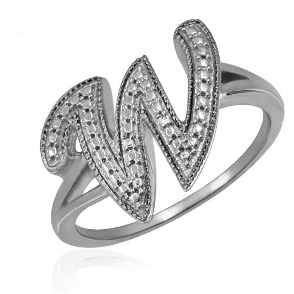 JewelersClub Accent White Diamond Initial Letter Ring for Women | Customizable Sterling Silver W Alphabet Monogram Ring for Girls | Cursive Script Capital Letters | Personalized Jewelry Gift for Her