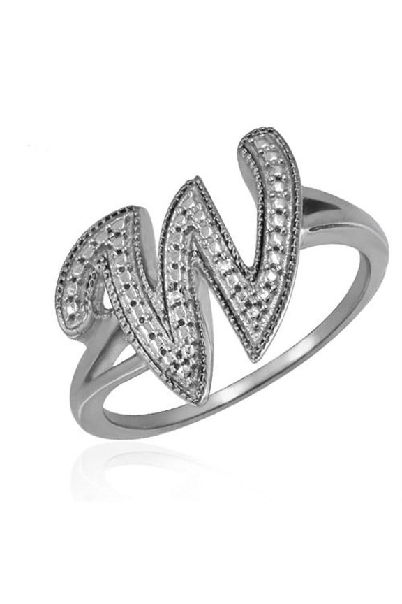 Accent White Diamond Initial Letter Ring for Women | Customizable Sterling Silver W Alphabet Monogram Ring for Girls | Cursive Script Capital Letters | Personalized Jewelry Gift for Her