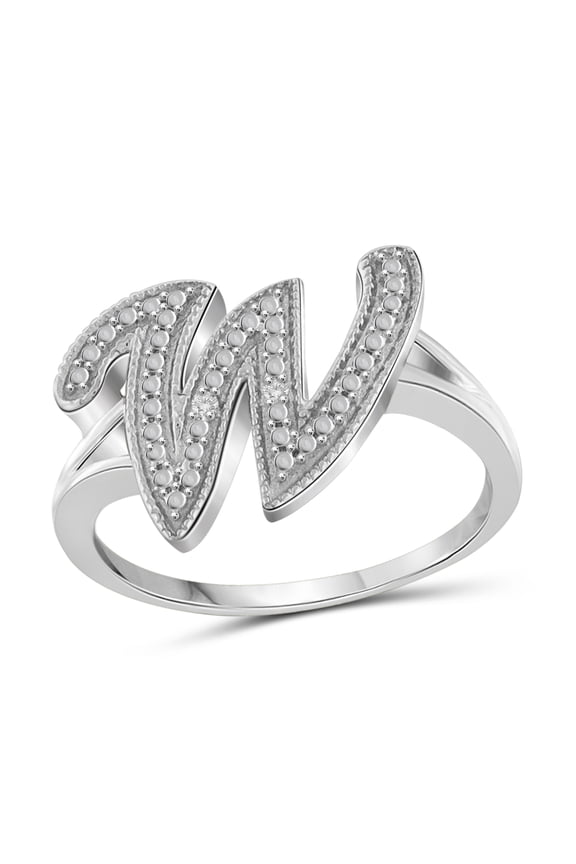 Accent White Diamond Initial Letter Ring for Women | Customizable Sterling Silver W Alphabet Monogram Ring for Girls | Cursive Script Capital Letters | Personalized Jewelry Gift for Her