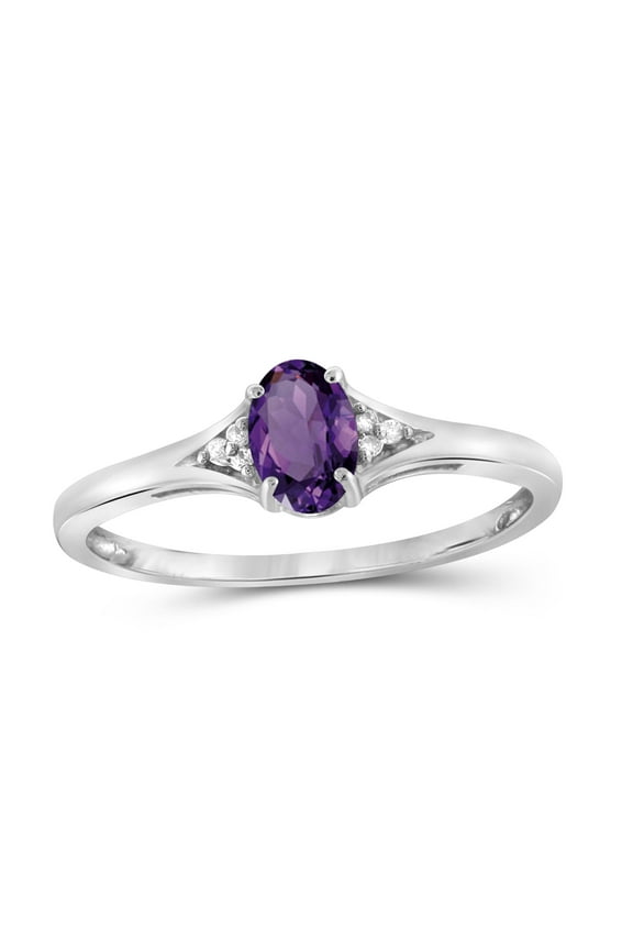 Amethyst Gemstone Ring Birthstone Jewelry – Sterling Silver Ring Jewelry with White Diamond Accent – Gemstone Rings with Hypoallergenic Silver Band
