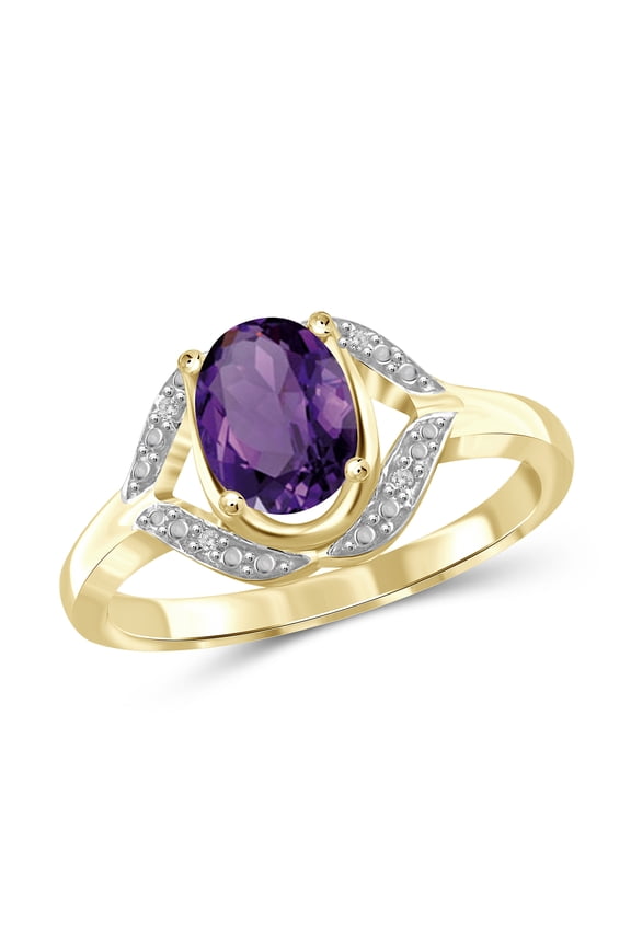 Amethyst Ring Birthstone Jewelry – 1.35 Carat Amethyst 14K Gold Plated Silver Ring Jewelry with White Diamond Accent – Gemstone Rings with Hypoallergenic 14K Gold Plated Silver Band