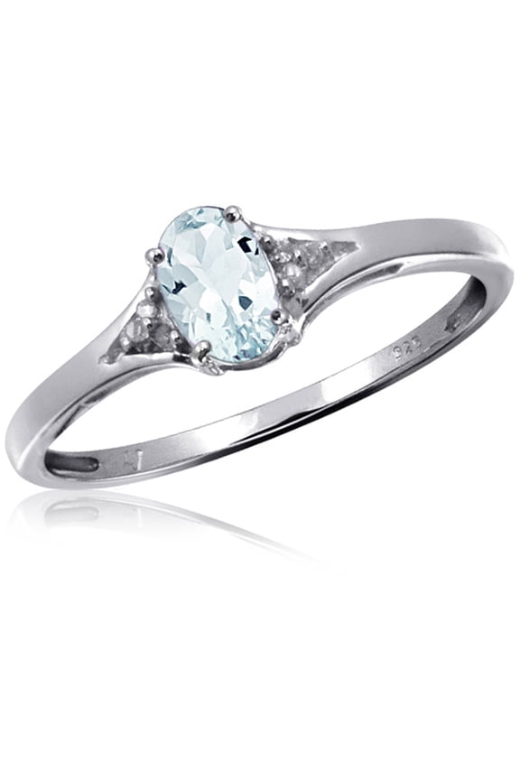 Aquamarine Gemstone Ring Birthstone Jewelry – Sterling Silver Ring Jewelry with White Diamond Accent – Gemstone Rings with Hypoallergenic Silver Band