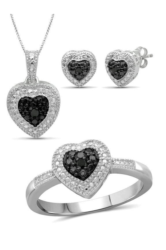 Black Diamond Accent Sterling Silver 3-Piece Heart Jewelry Set