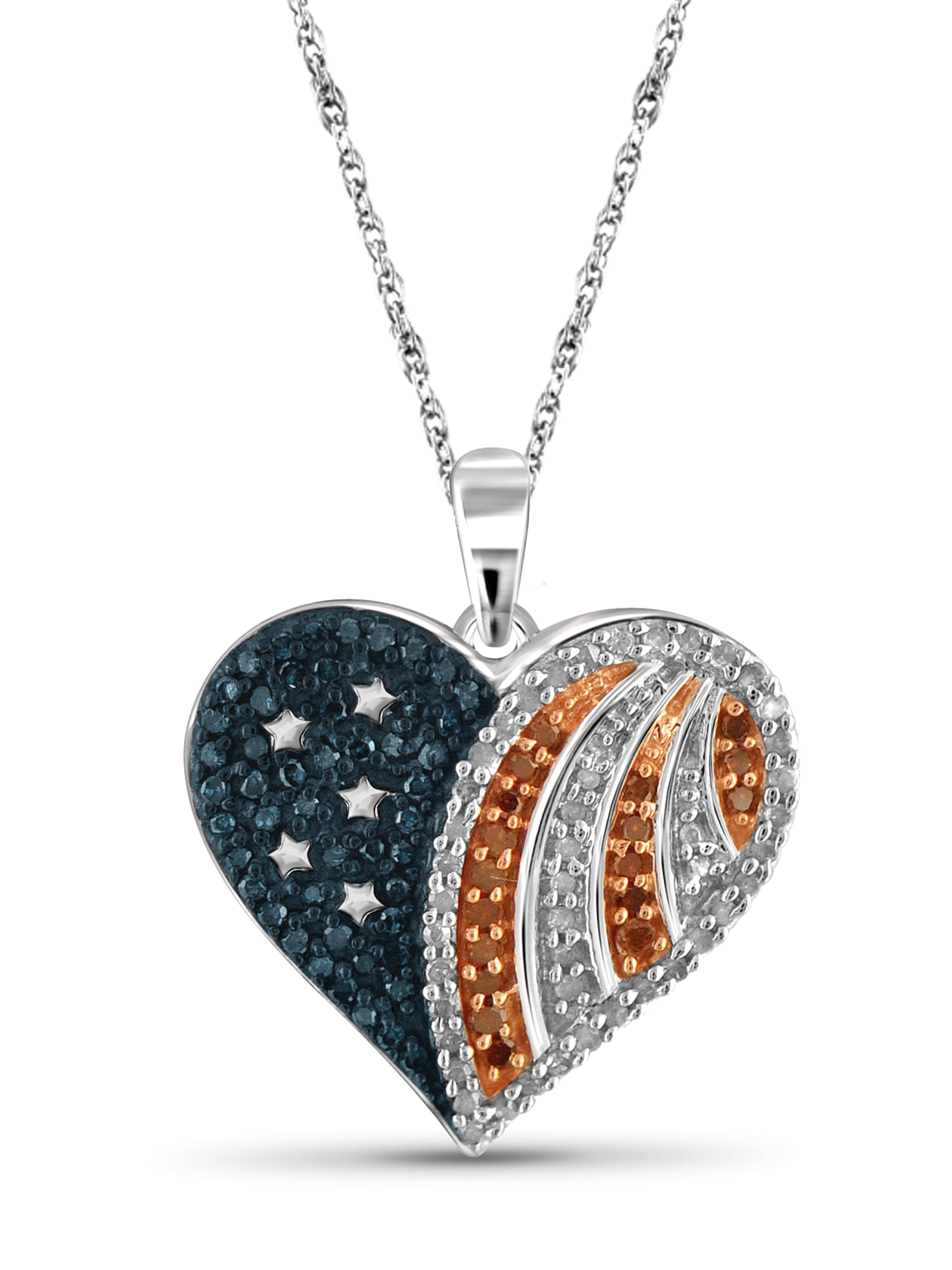 AsterOutdoor 925 Sterling Silver, Red, White and Blue Diamonds Jewelersclub American Flag Necklace Stars and Stripes Heart Pendant with Chain Genuine