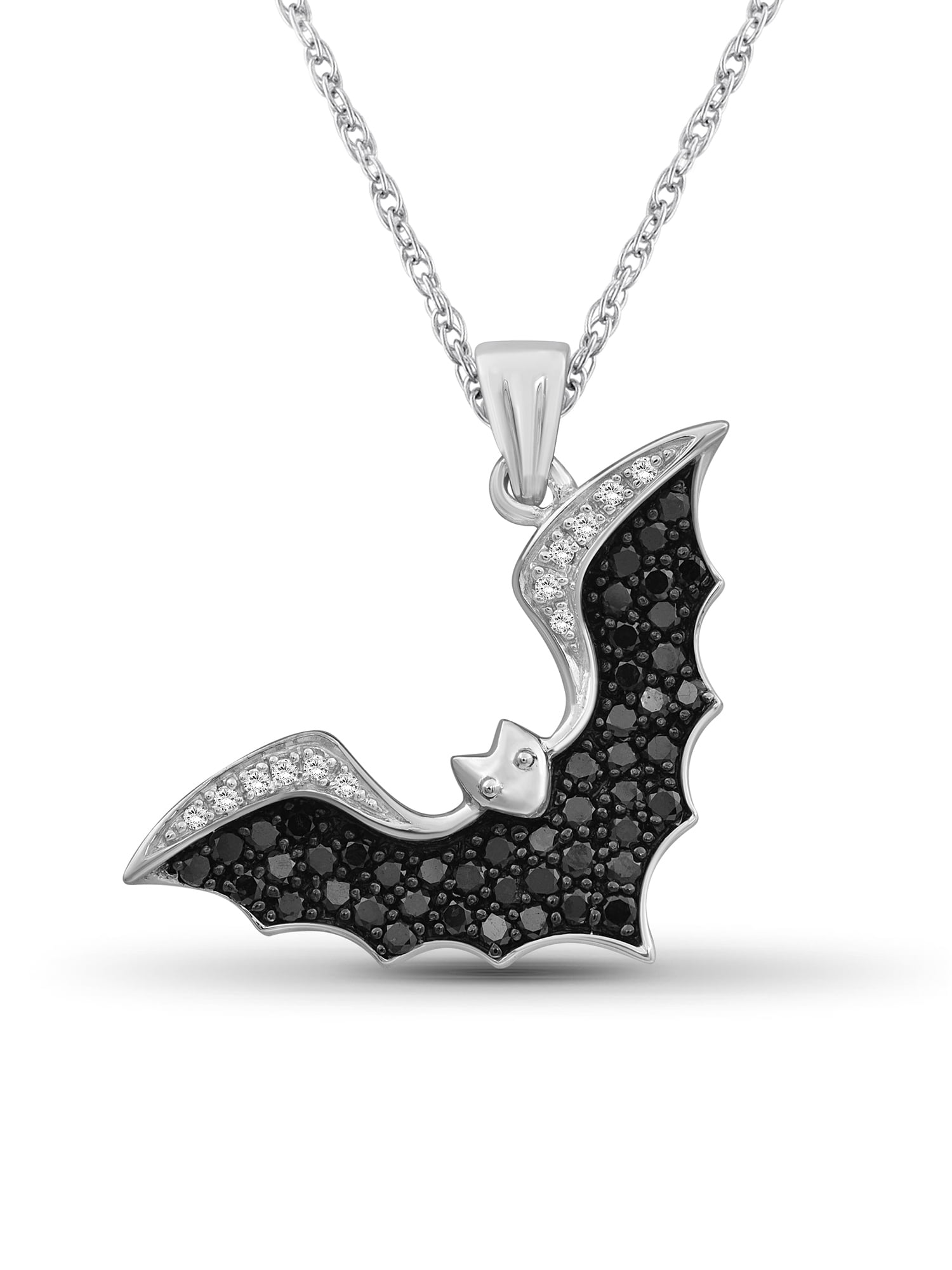 JewelersClub Diamond Bat Necklace Halloween Jewelry – 1 CTW Black and White Diamond Halloween Necklace – Sterling Silver Rope Chain with Bat Pendant – Witchy Jewelry for Women